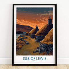 Isle of Lewis Scotland Canvas Print | Outer Hebrides Norse Mill Poster featuring traditional houses at sunset.