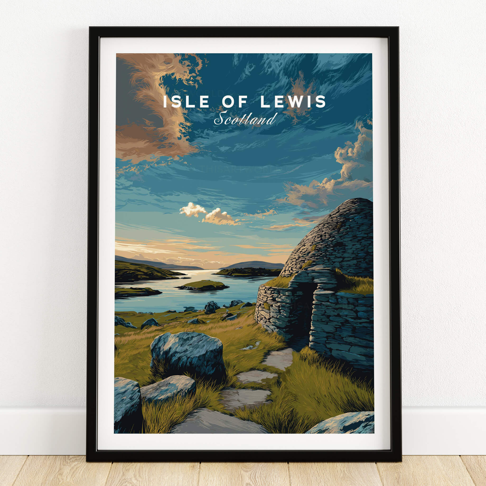 Isle of Lewis Scotland Travel Poster | Gearrannan Blackhouse Wall Art Print showcasing beautiful Hebridean landscape.