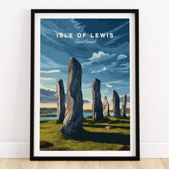 Isle of Lewis Scotland Wall Art Print | Callanish Standing Stones Travel Poster featuring megaliths under a cloudy sky.