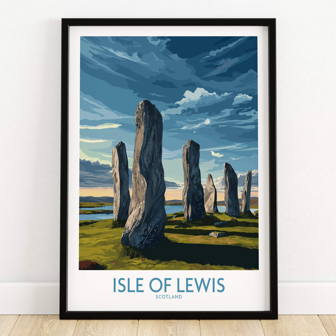Isle of Lewis Scotland Poster | Ancient Megalithic Site Canvas Print, showcasing ancient standing stones against a dramatic sky.