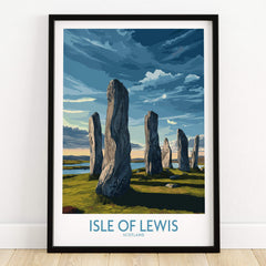 Isle of Lewis Scotland Poster | Ancient Megalithic Site Canvas Print, showcasing ancient standing stones against a dramatic sky.