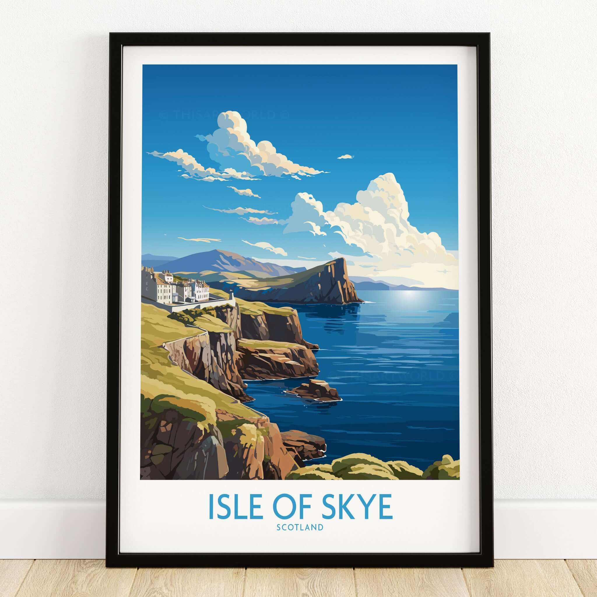 Isle of Skye Poster Modern featuring vibrant coastal scenery of Scotland in a stylish frame.