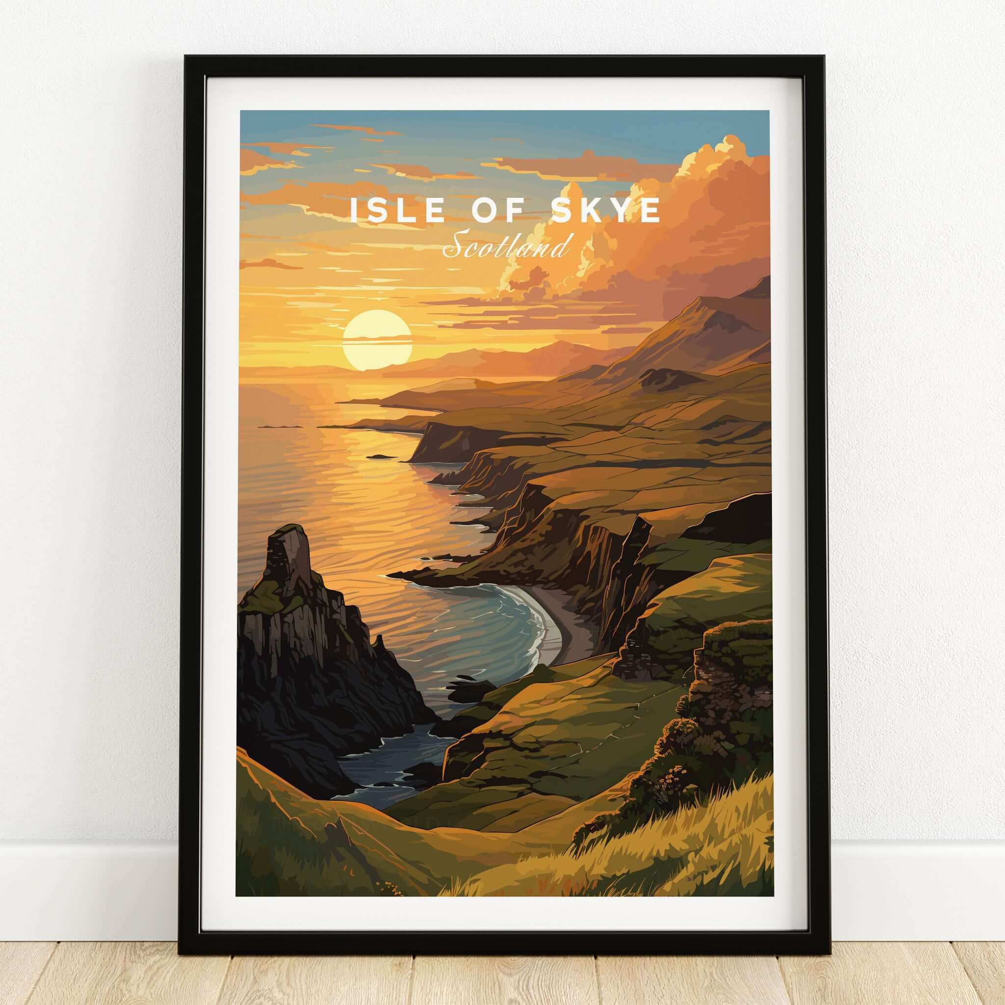 Isle of Skye Art Print showcasing a vibrant Scottish sunset over landscapes and coastal cliffs.