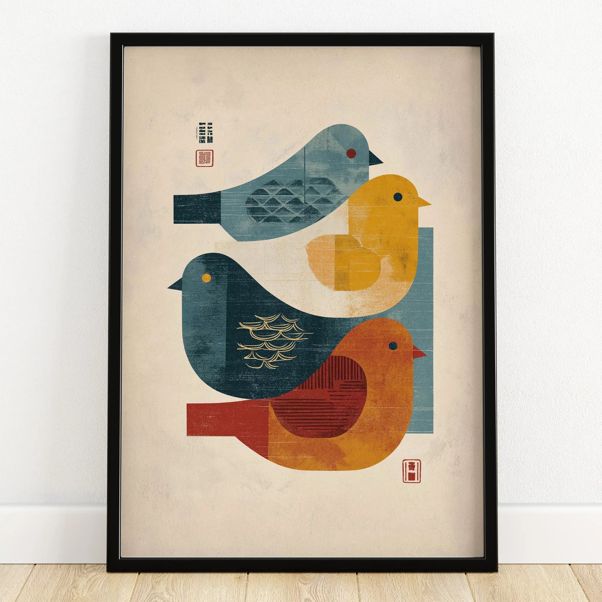 Modern Japanese birds art print in black frame on wooden floor, home decor wall art