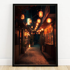 Framed art print of a Japanese street at night with glowing lanterns and cozy alleyway decor