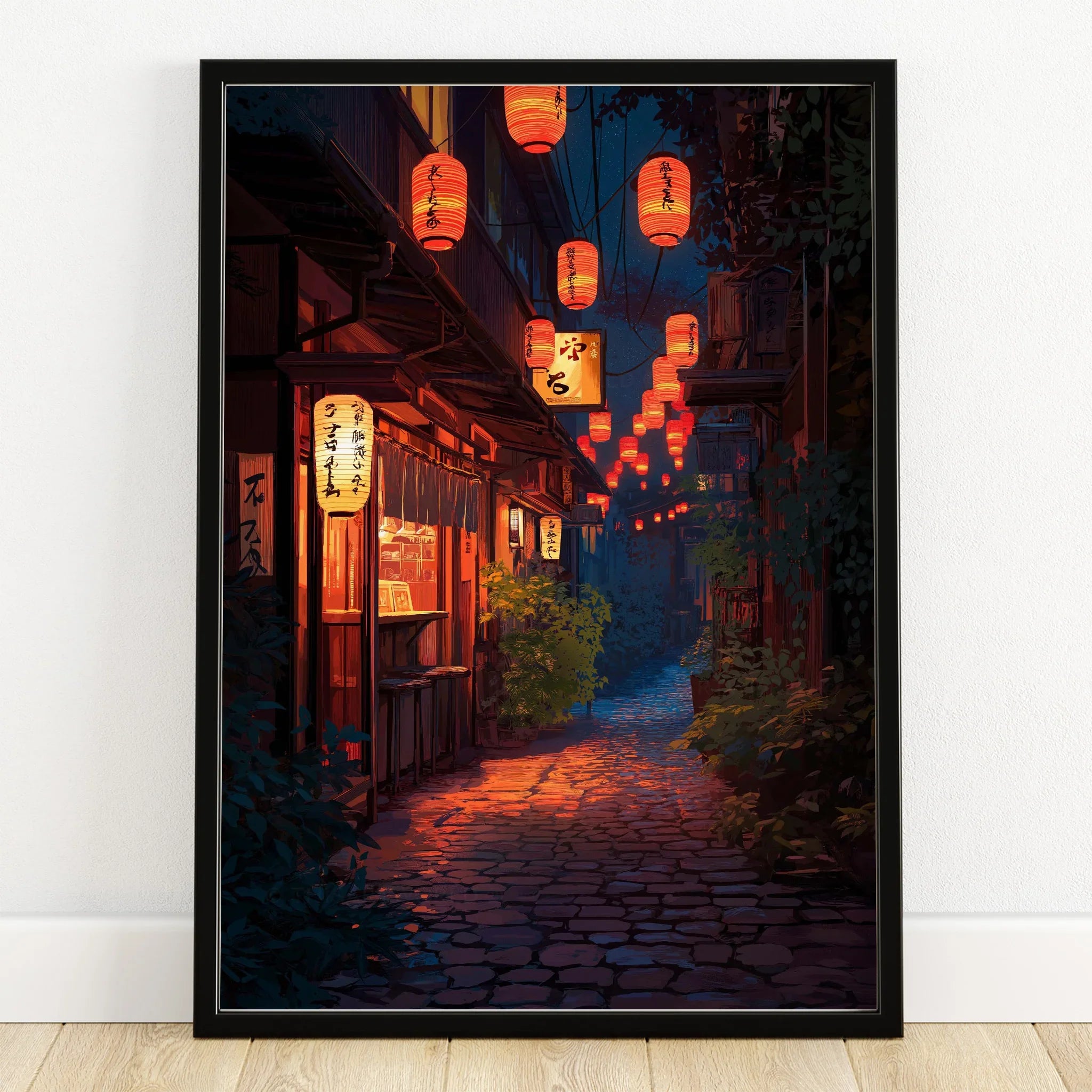 Framed art print of a Japanese street at night with glowing lanterns and cobblestone path