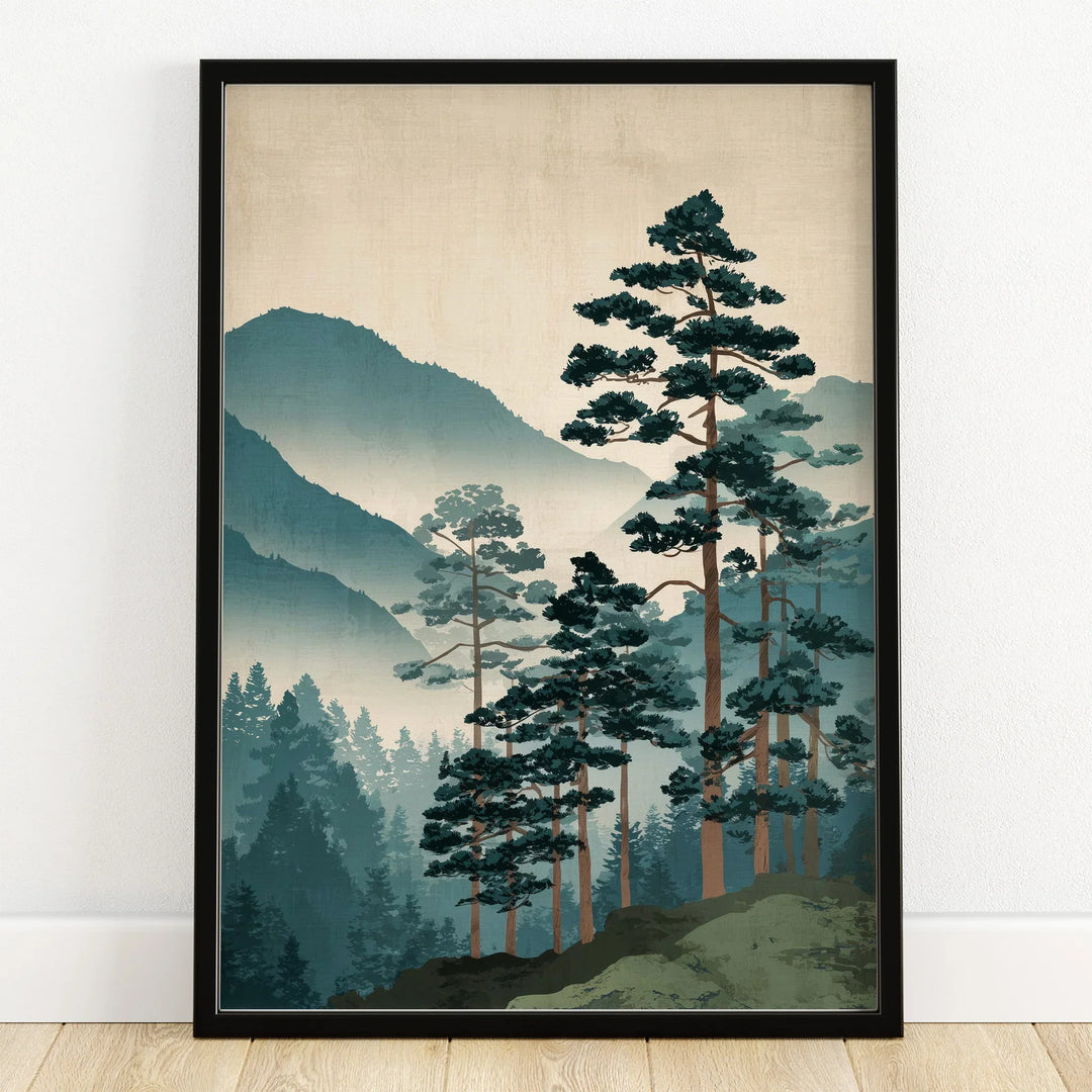 Framed Japanese woodblock art print of misty pine trees and mountains on wooden floor