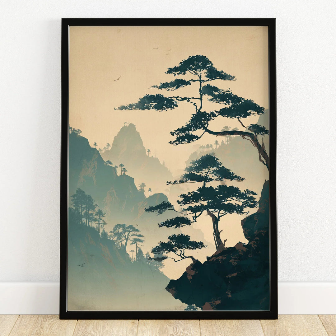 Japanese mountain landscape art print in black frame, pine trees and misty peaks