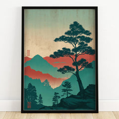 Japanese woodblock style art print with silhouetted tree and colorful mountain landscape in black frame