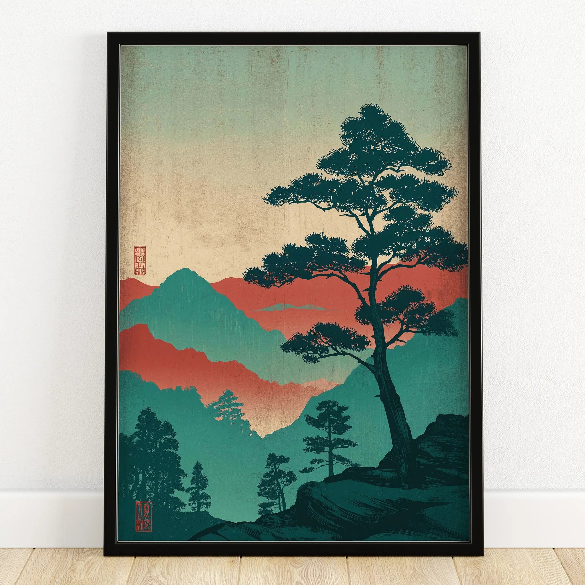 Japanese woodblock style art print with silhouetted tree and colorful mountain landscape in black frame