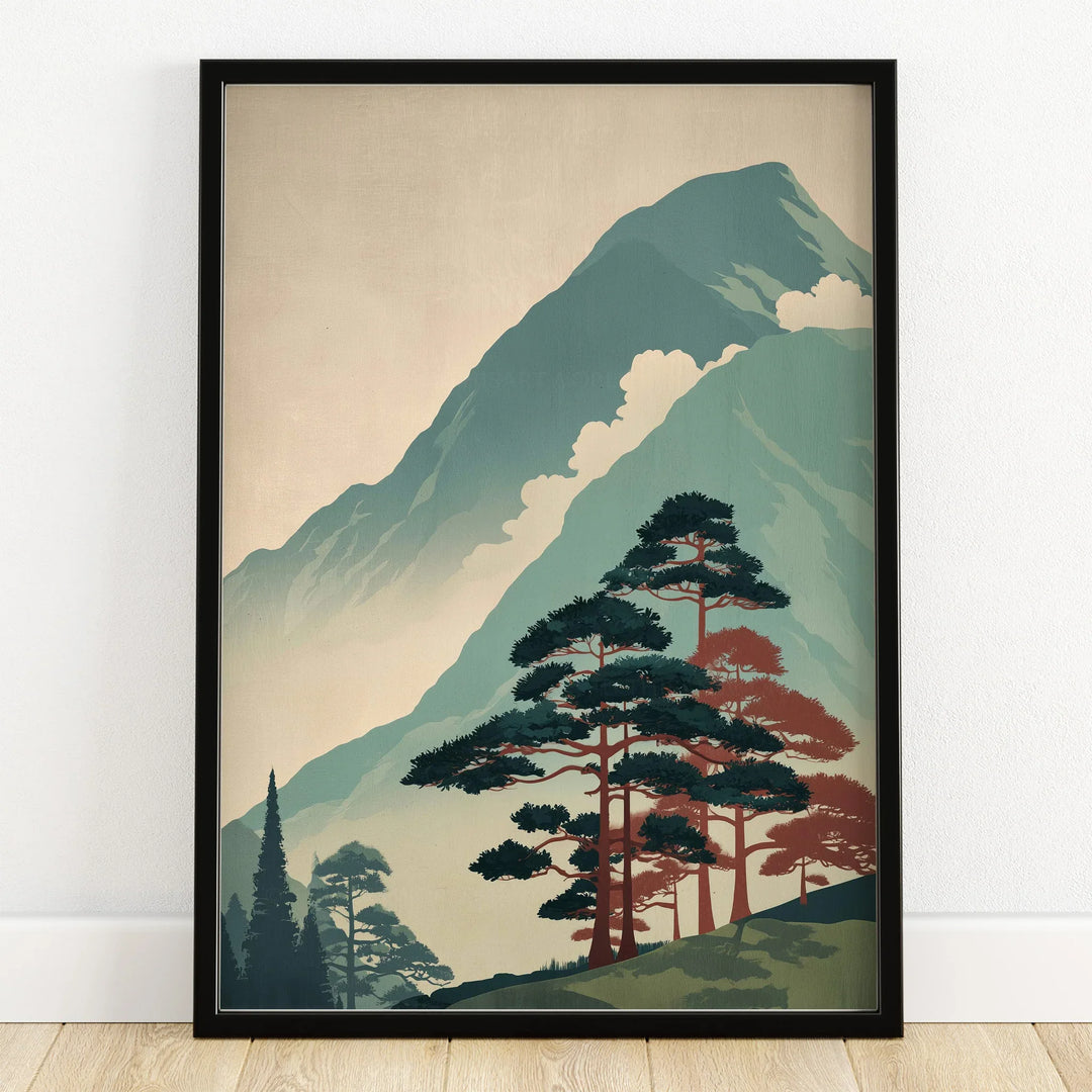 Framed Japanese woodblock art print of pine trees and mountains on wooden floor