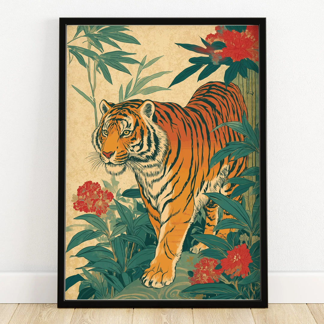 Japanese-style tiger art print in black frame with floral and bamboo details on wooden floor