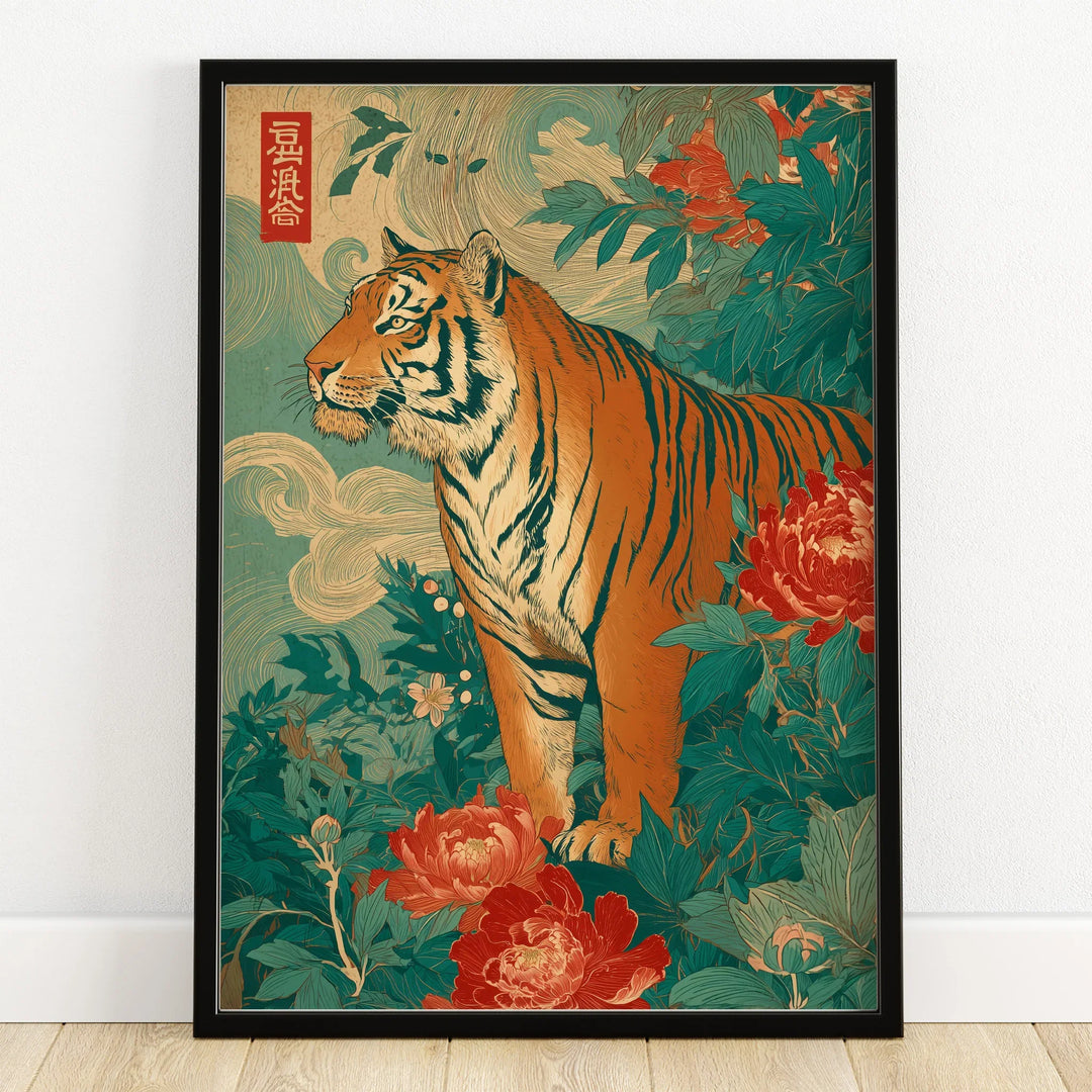 Japanese tiger art print in black frame with floral details on wooden floor