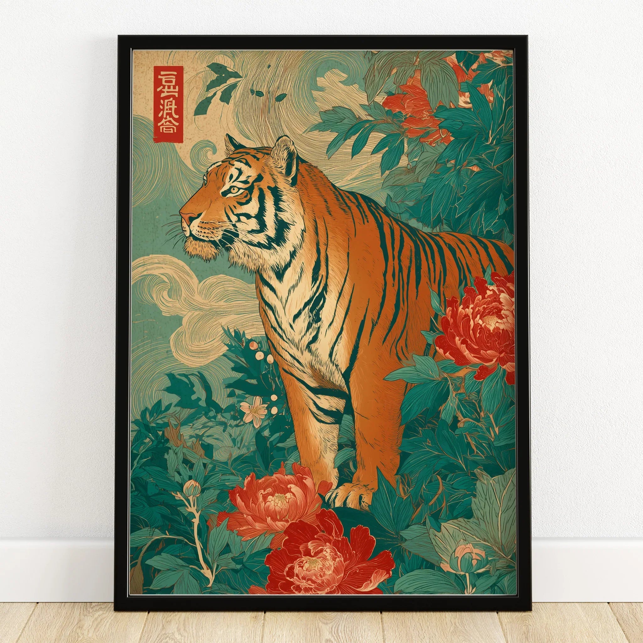Japanese tiger art print in black frame with floral details on wooden floor