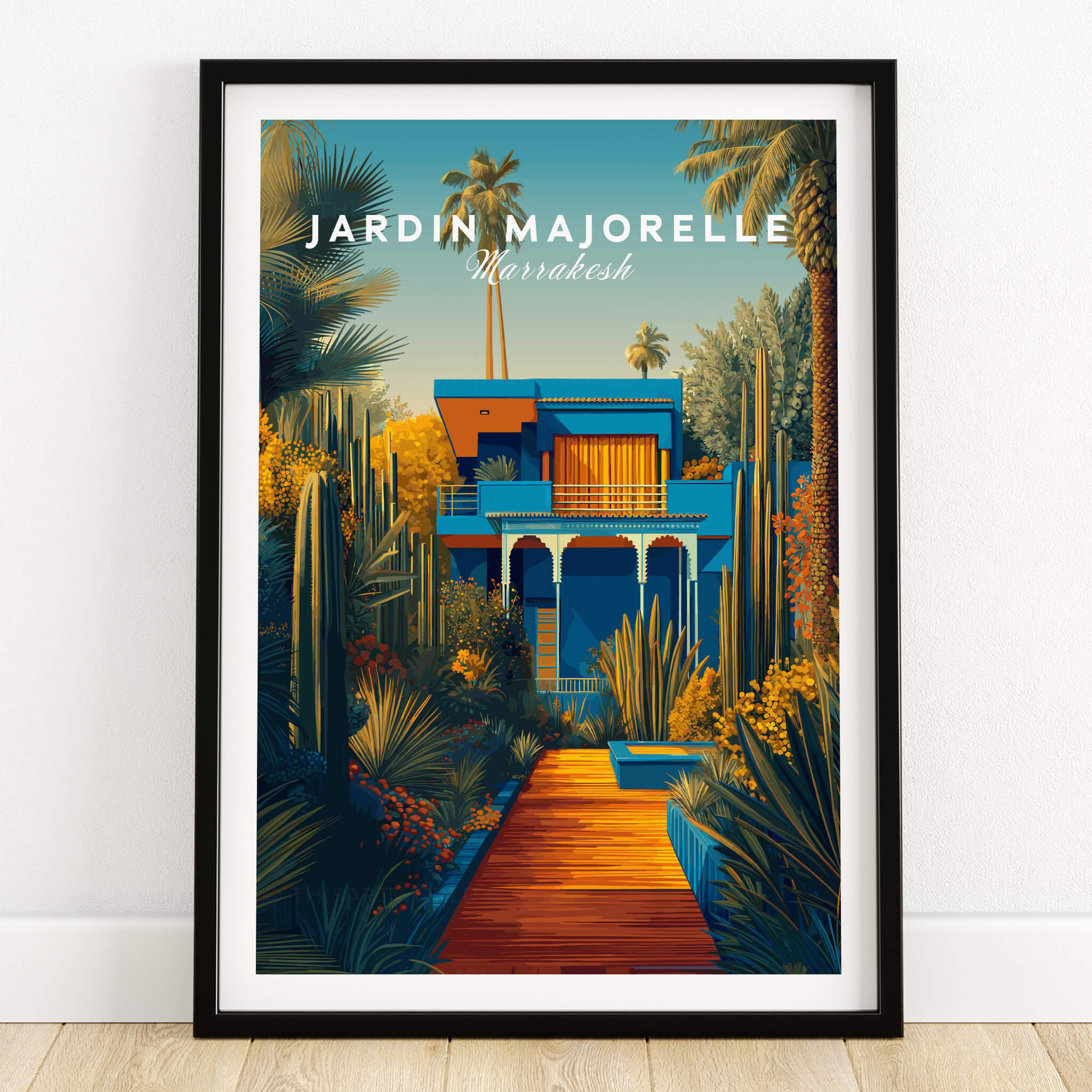 Jardim Majorelle Marrakesh Wall Art Print | Moroccan Blue Garden Travel Posters featuring vibrant blue garden architecture.