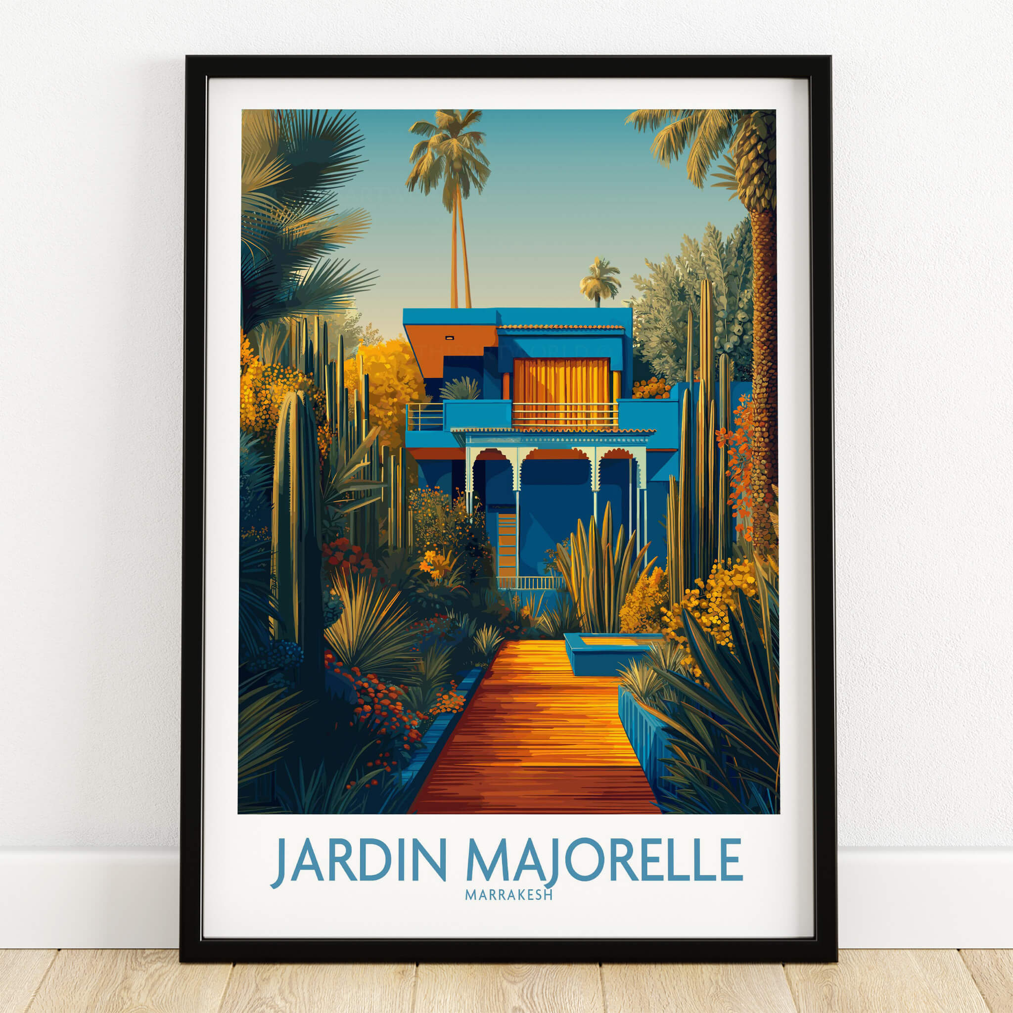 Jardim Majorelle Marrakesh Posters | Vibrant Architecture & Palms Canvas Print featuring lush palms and colorful architecture.
