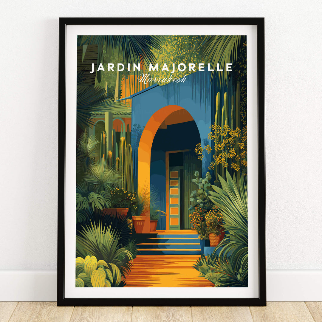Jardim Majorelle Marrakesh Wall Art Print | Botanical Moroccan Villa Travel Poster showcasing lush gardens and vibrant architecture.