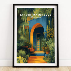Jardim Majorelle Marrakesh Wall Art Print | Botanical Moroccan Villa Travel Poster showcasing lush gardens and vibrant architecture.