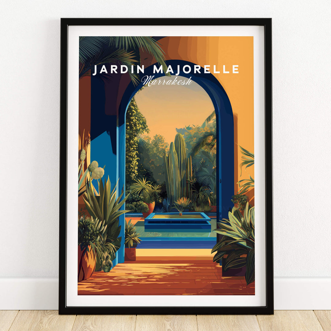 Jardim Majorelle Marrakesh Travel Posters | Garden Fountain Scene Wall Art Print featuring vibrant plants and blue water.
