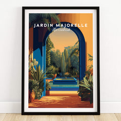 Jardim Majorelle Marrakesh Travel Posters | Garden Fountain Scene Wall Art Print featuring vibrant plants and blue water.