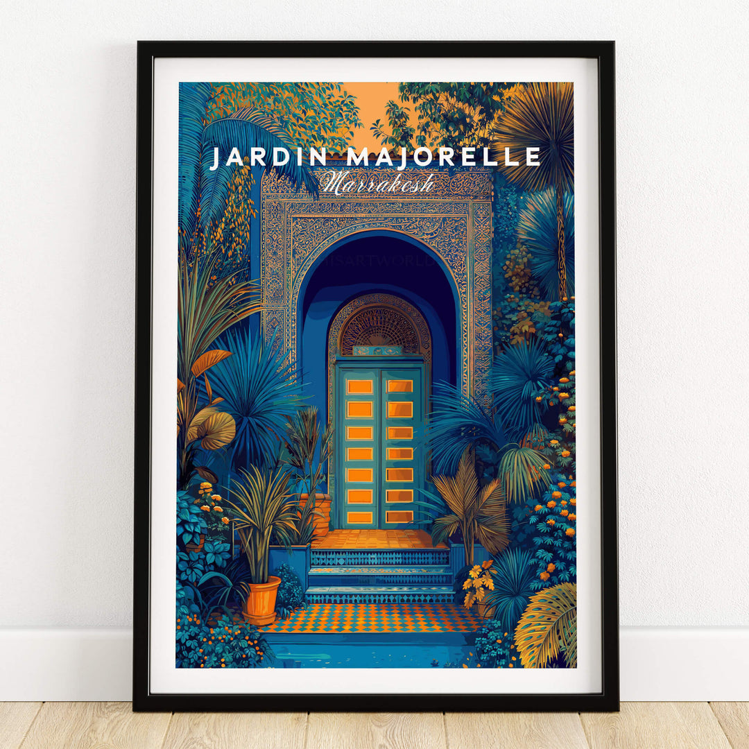 Jardim Majorelle Marrakesh Wall Art Print | Ornate Moroccan Doorway Travel Posters featuring vibrant colors and intricate foliage.