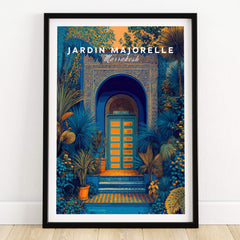 Jardim Majorelle Marrakesh Wall Art Print | Ornate Moroccan Doorway Travel Posters featuring vibrant colors and intricate foliage.