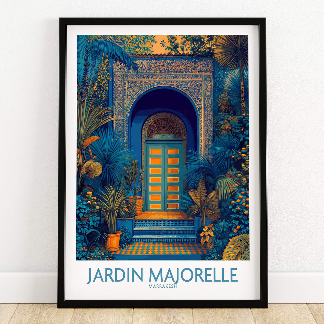 Jardim Majorelle Marrakesh Posters | Detailed Blue Architecture Canvas Print featuring a vibrant door and lush greenery.