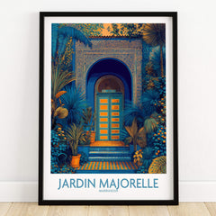 Jardim Majorelle Marrakesh Posters | Detailed Blue Architecture Canvas Print featuring a vibrant door and lush greenery.
