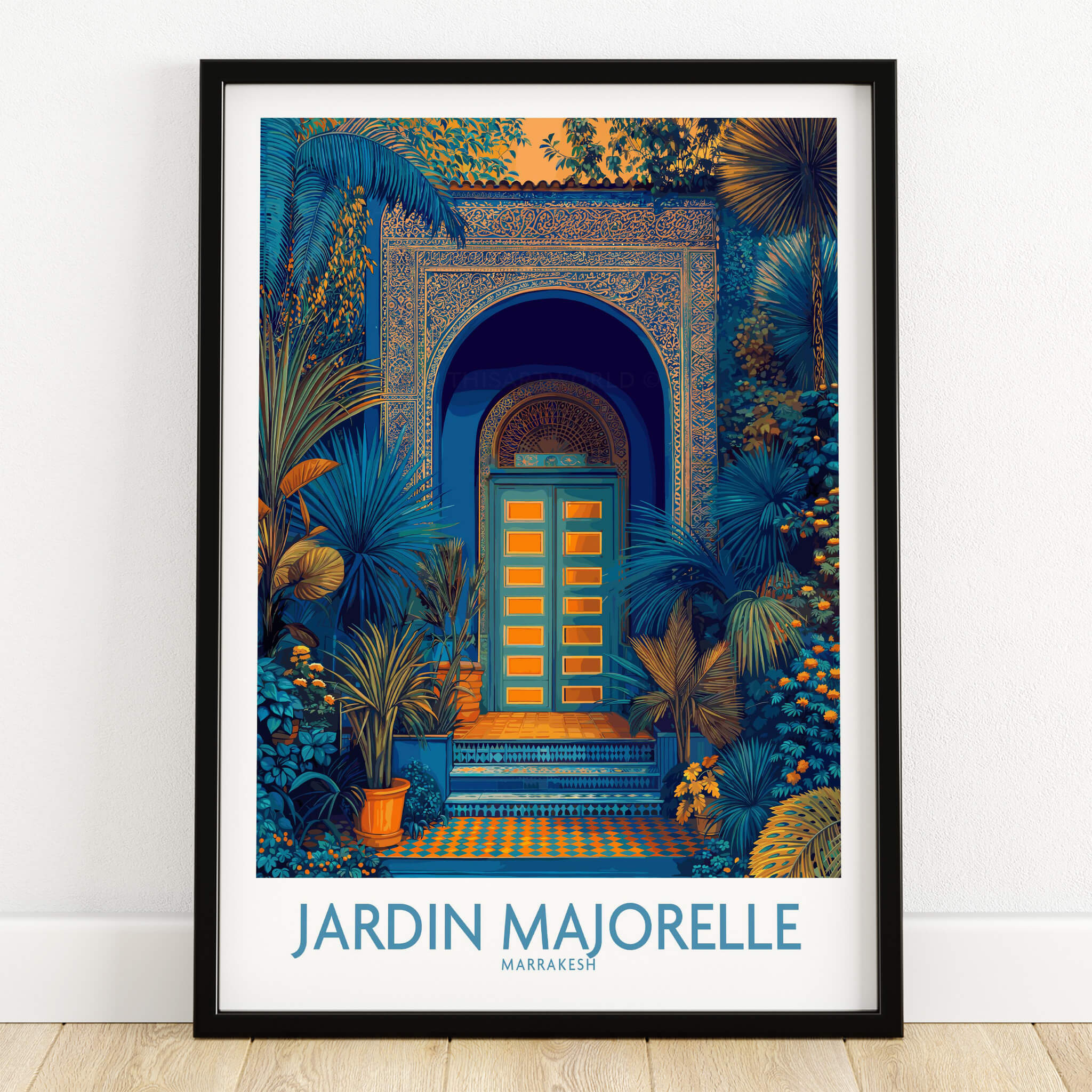 Jardim Majorelle Marrakesh Posters | Detailed Blue Architecture Canvas Print featuring a vibrant door and lush greenery.