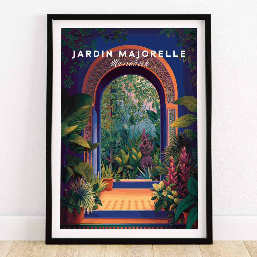 Jardim Majorelle Marrakesh Travel Poster | Lush Tropical Garden Wall Art Print featuring vibrant greenery and an enchanting pathway.