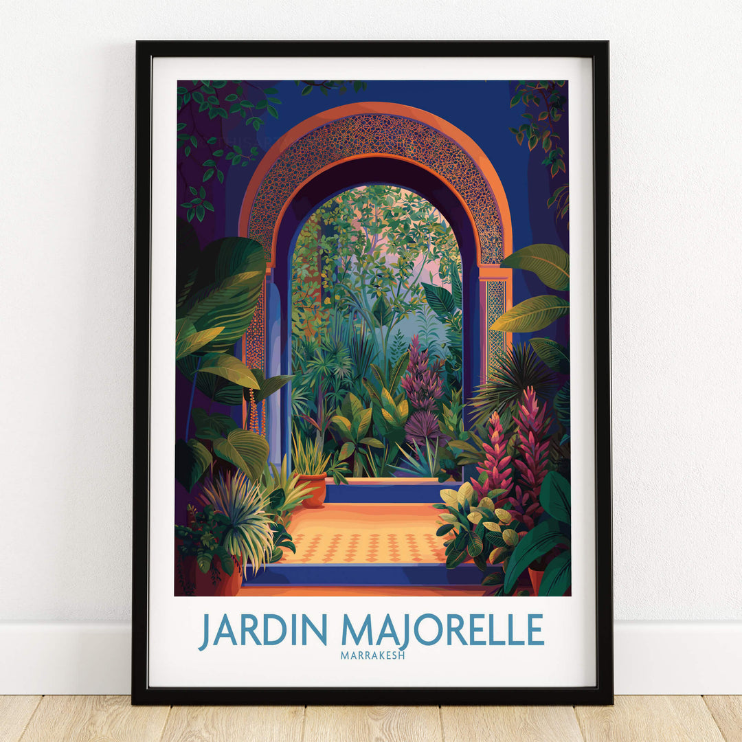 Jardim Majorelle Marrakesh Canvas Print | Colorful Moroccan Landscape Poster framed artwork showcasing vibrant plants and arches.