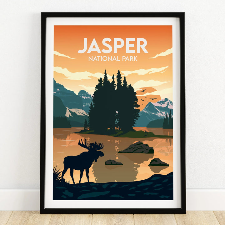 Jasper National Park art print in black frame, featuring a moose, lake, and mountain landscape.