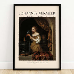 Johannes Vermeer A Woman Feeding Parrot - Dutch Golden Age Art Print Poster featuring a woman and a parrot.