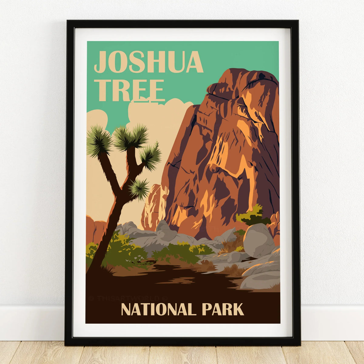 Joshua Tree National Park art print in black frame, desert landscape poster on wooden floor