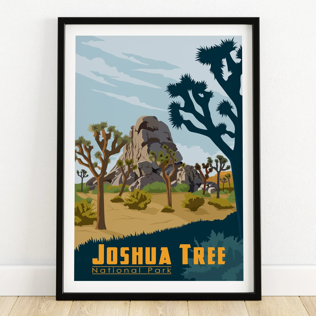 Joshua Tree National Park art print with desert landscape in black frame on wooden floor