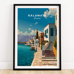Kalamata Greece Wall Art Print | Mediterranean Seaside Town Travel Poster displaying a vibrant seaside town.