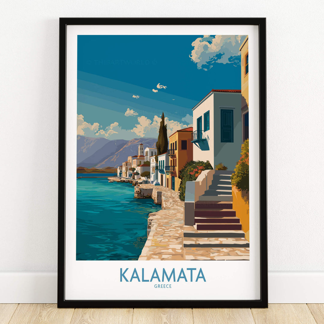 Kalamata Greece Poster | Greek Coastal Canvas Print showcasing coastal architecture and vibrant scenery.