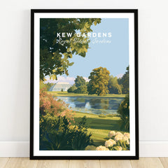Kew Gardens art print in black frame, botanical garden illustration with pond and trees
