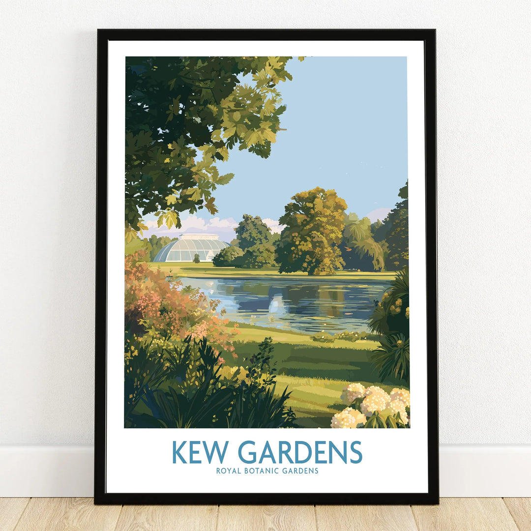 Kew Gardens art print in black frame, landscape with trees, flowers, and pond, on wooden floor
