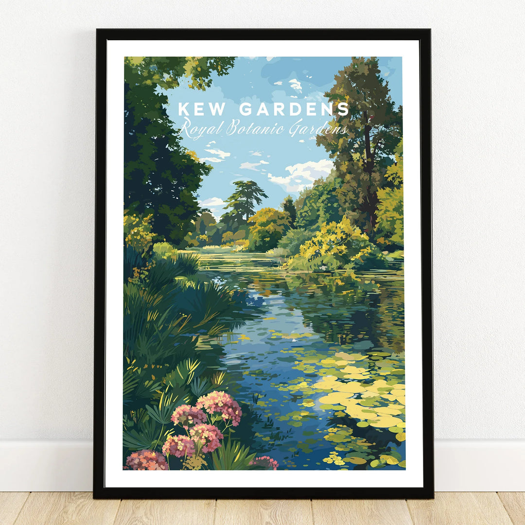 Kew Gardens art print in black frame showing botanical landscape and reflection pond