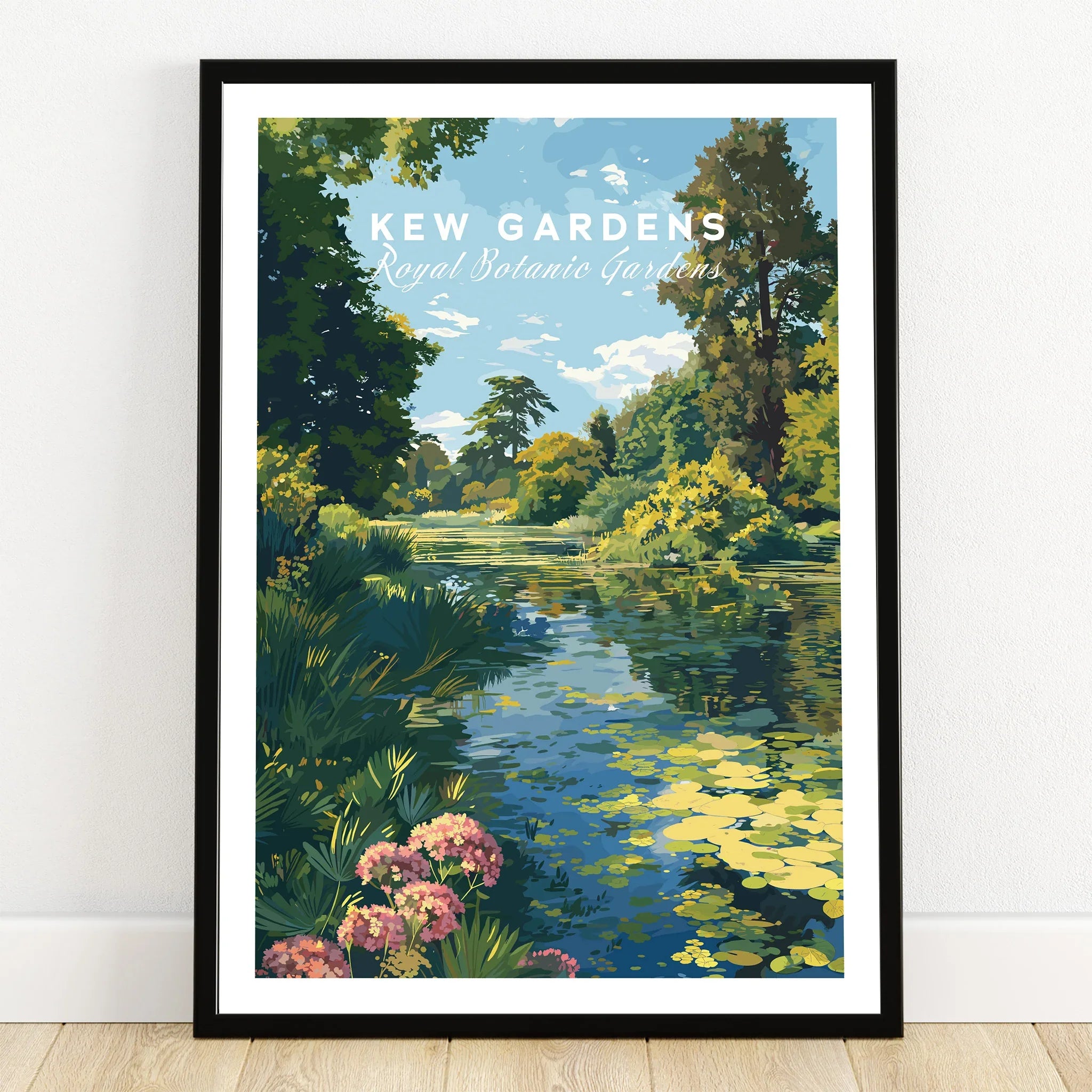 Kew Gardens art print in black frame showing botanical landscape and reflection pond