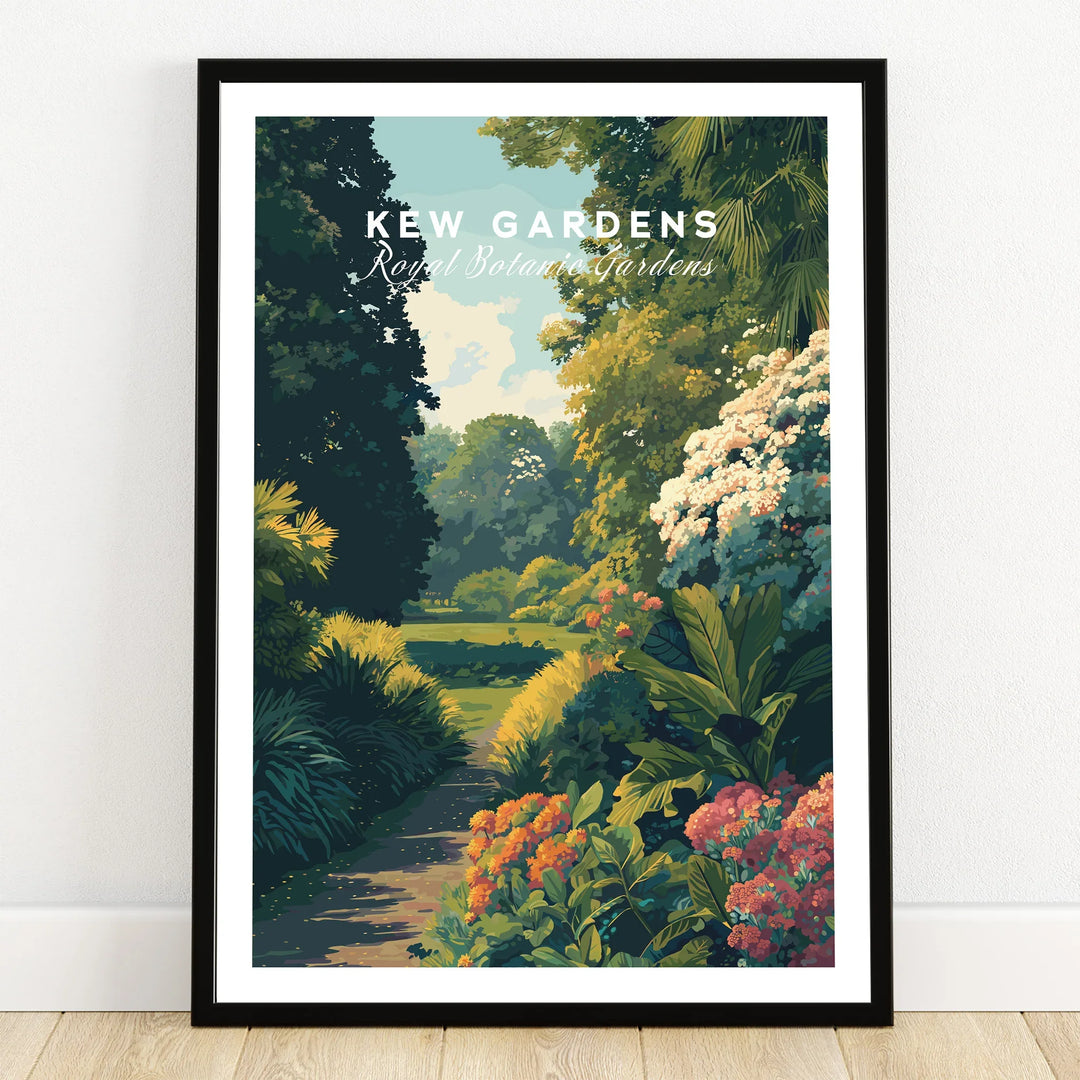 Kew Gardens art print in black frame, botanical garden wall art with colorful flowers and greenery