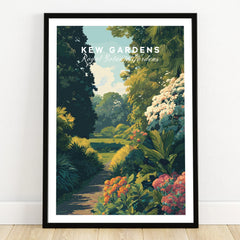 Kew Gardens art print in black frame, botanical garden wall art with colorful flowers and greenery