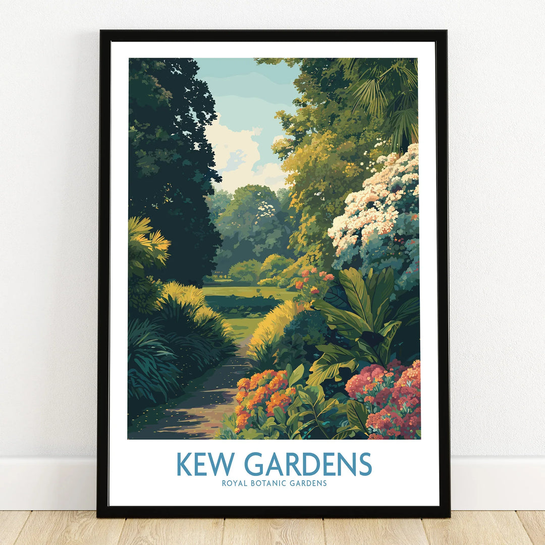 Kew Gardens art print in black frame, vibrant garden illustration, botanical wall decor.