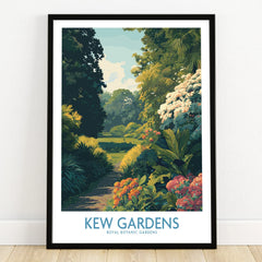 Kew Gardens art print in black frame, vibrant garden illustration, botanical wall decor.