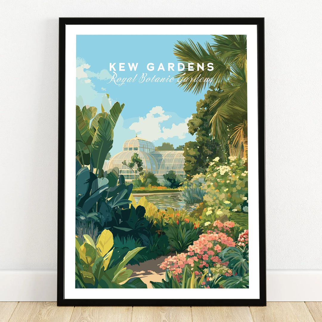 Kew Gardens art print in black frame, botanical garden illustration, tropical wall decor
