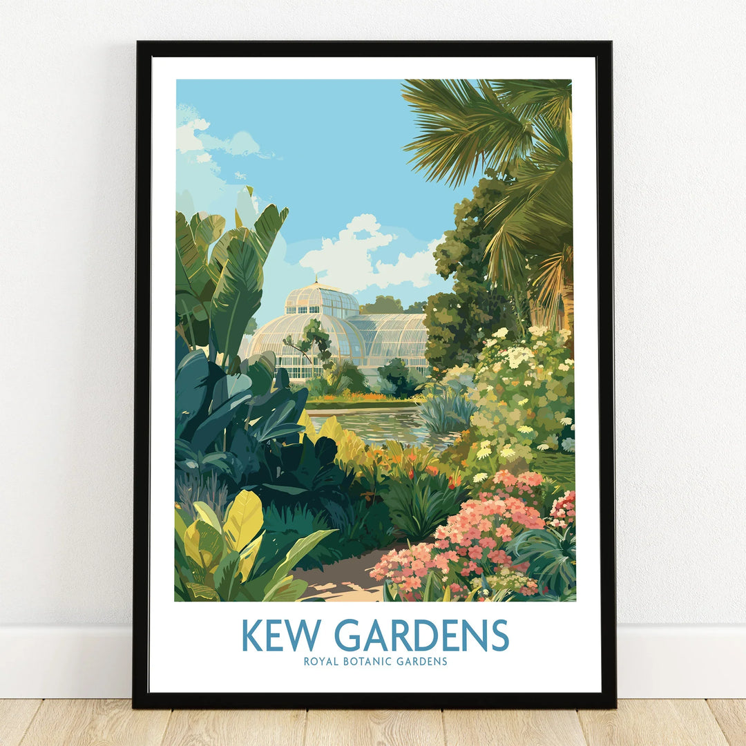 Kew Gardens art print in black frame, featuring lush botanical garden scenery and Palm House.