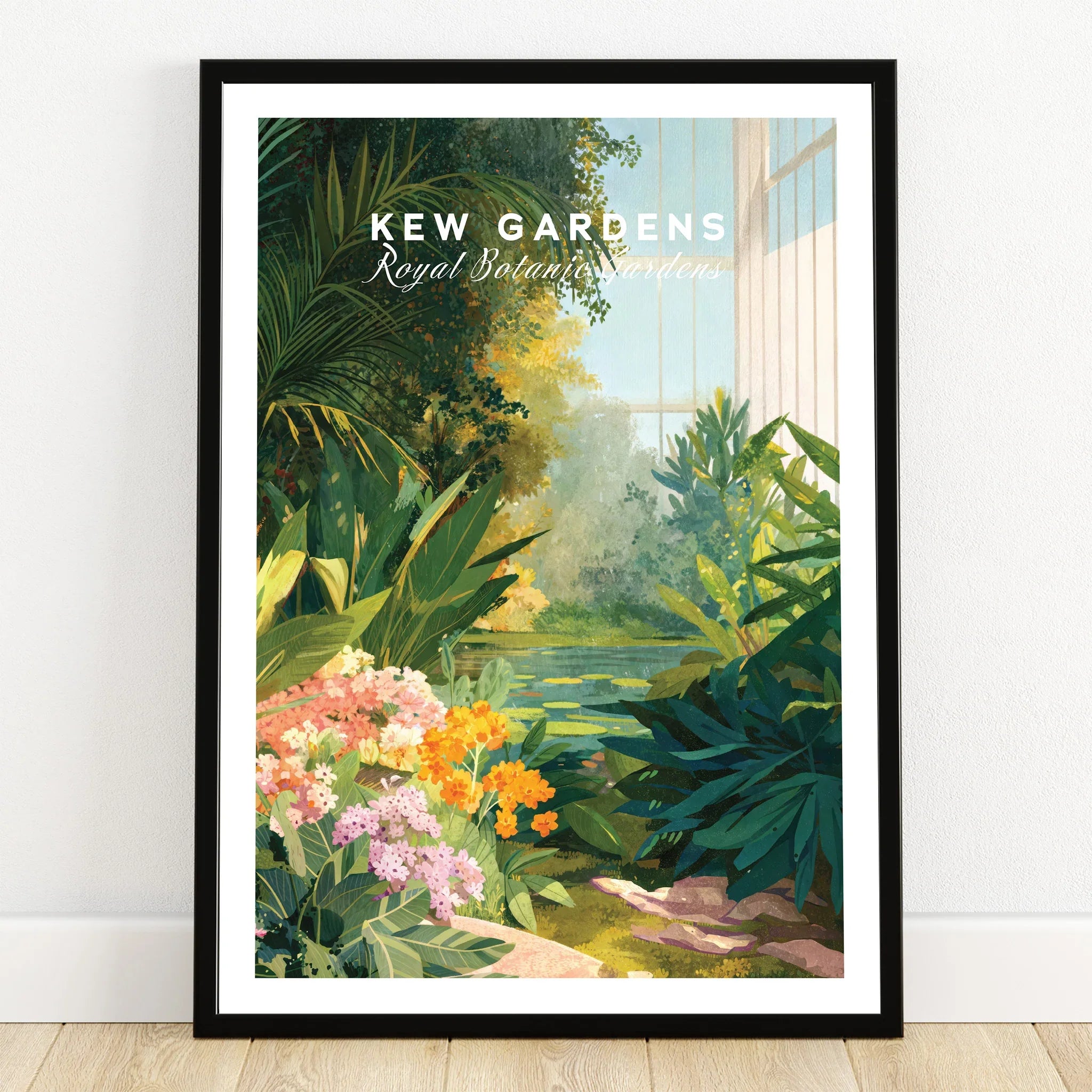 Kew Gardens art print in black frame featuring vibrant botanical flowers and greenery