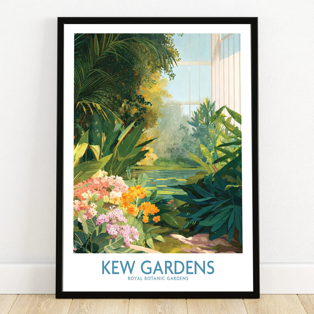Kew Gardens art print with vibrant tropical plants and flowers in a black frame on wooden floor