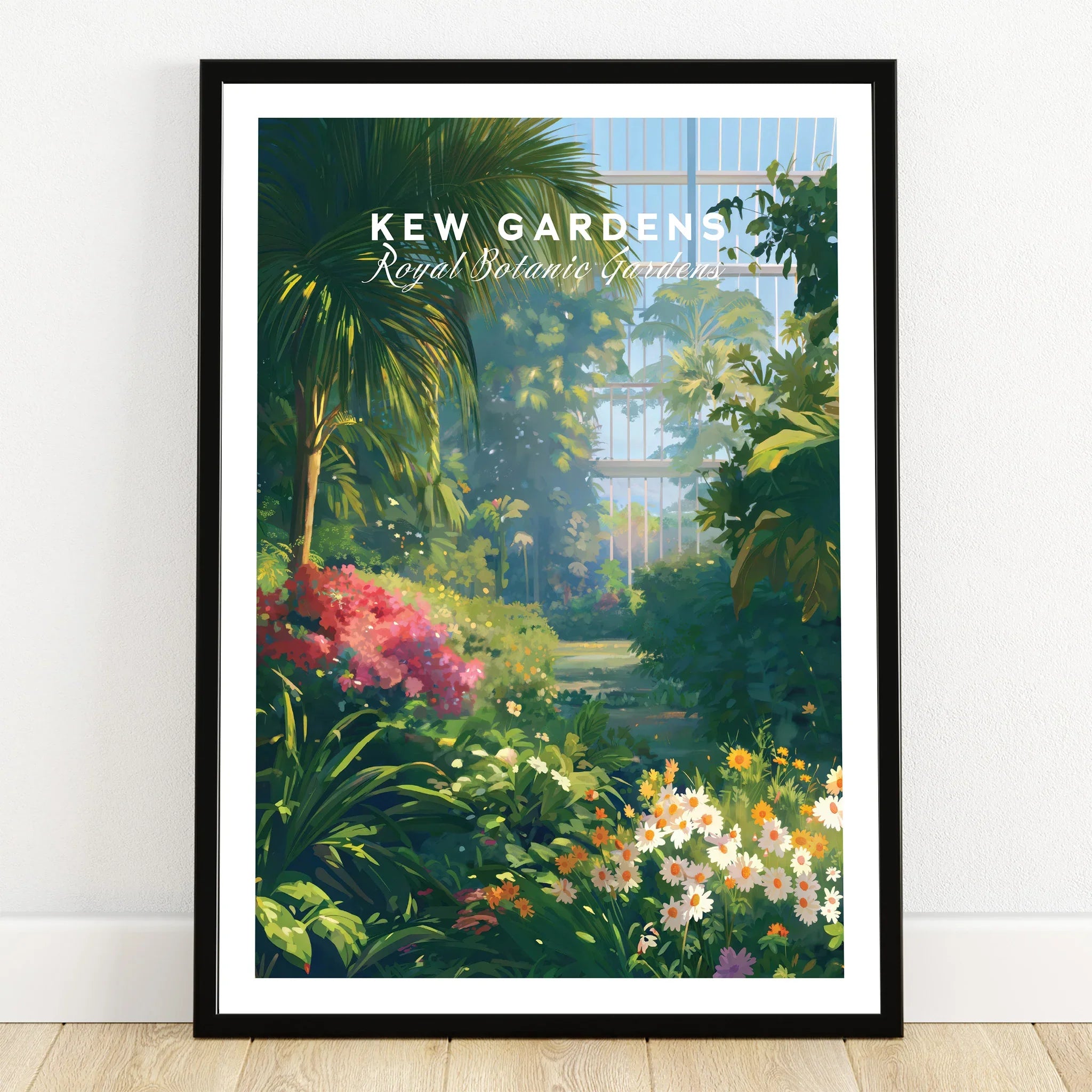 Kew Gardens art print in black frame, featuring lush botanical garden with flowers and greenery.